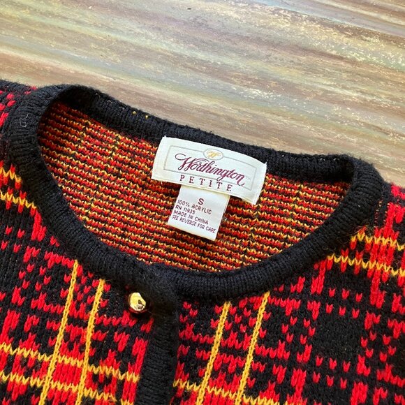 Worthington Petite Tartan Plaid Knit Cardigan Sweater Vintage 90s Cropped - Picture 4 of 6